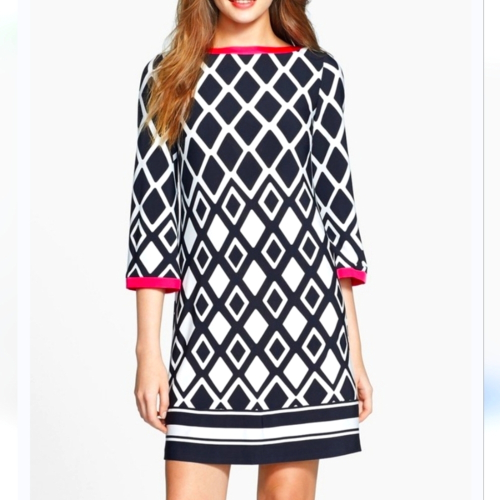 NWT ELIZA J Geometric Black/Pink Print Stretch Jersey Shift Dress